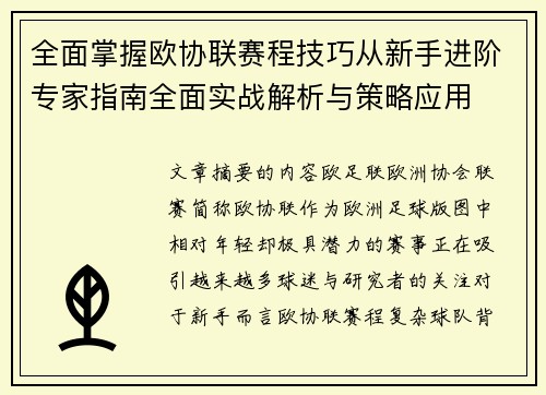 全面掌握欧协联赛程技巧从新手进阶专家指南全面实战解析与策略应用