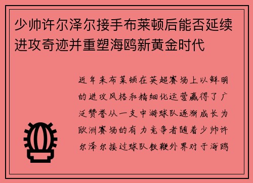 少帅许尔泽尔接手布莱顿后能否延续进攻奇迹并重塑海鸥新黄金时代 少帅许尔泽尔接手布莱顿后能否延续进攻奇迹并重塑海鸥新黄金时代
